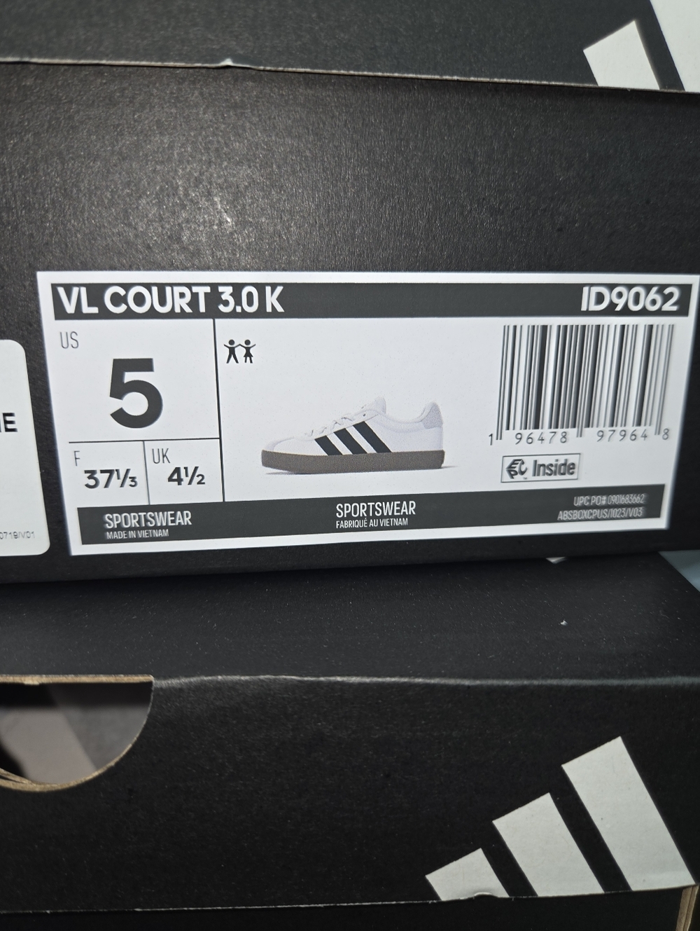 Youth Kids Adidas VL Court 3.0 Unisex Shoes White, Black, Cream Suede Gum Bottom - Picture 4 of 8